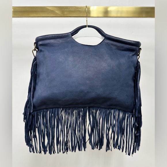 Milio Milano Handbags - (086-NVY) FRINGE LEATHER HANDBAG WITH SHOULDER STRAP